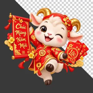 Chú dê đỏ mặc áo chữ Phúc cầm cuộn thư Chúc Mừng Năm Mới và lì xì - File PNG