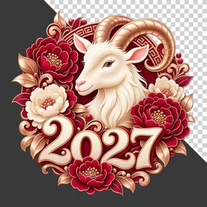 File PNG - Hình ảnh đầu dê trắng và chữ số 2027 hoa mẫu đơn