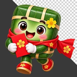 File PNG - Bánh chưng cầm lì xì đỏ hoa mai