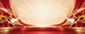 File JPG - Phông nền bục sân khấu 20/11 sách hướng dương hoa hồng lụa đỏ