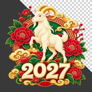 File PNG - Hình ảnh chú dê trắng và chữ số 2027 hoa mẫu đơn đỏ