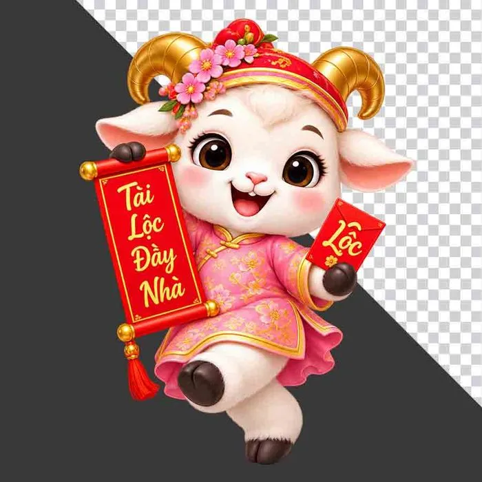 File PNG - Tượng chú dê hồng cài hoa đào cầm cuộn thư Tài Lộc Đầy Nhà và bao lì xì