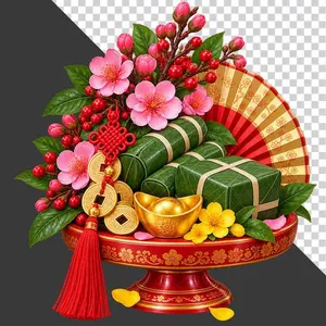 File PNG - Mâm mâm bồng đỏ trưng bánh chưng bánh tét hoa đào và thỏi vàng tài lộc