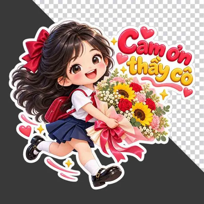 Nữ sinh hoạt hình mặc đồng phục ôm bó hoa lớn kèm dòng chữ Cảm ơn thầy cô chào mừng 20/11 - PNG