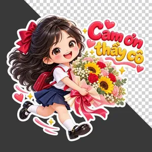 Nữ sinh hoạt hình mặc đồng phục ôm bó hoa lớn kèm dòng chữ Cảm ơn thầy cô chào mừng 20/11 - PNG