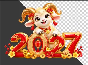 Hình ảnh chú dê vàng ôm số 2027 lồng đèn đỏ - File PNG