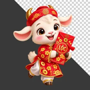 File PNG - Tượng chú dê đỏ cầm bao lì xì chữ Lộc