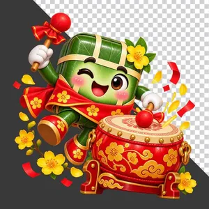 File PNG - Bánh chưng đánh trống hội đỏ hoa mai vàng rực rỡ mừng xuân   