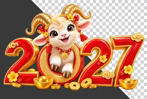 Hình ảnh chú dê vàng thò người qua số 0 của 2027 - File PNG