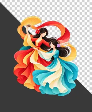 File PNG - Hai thiếu nữ múa nghệ thuật cầm quạt trang phục truyền thống dải lụa bay