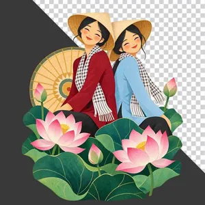 Hai thiếu nữ mặc áo bà ba đỏ xanh khăn rằn đội nón lá bên đầm sen hồng - PNG