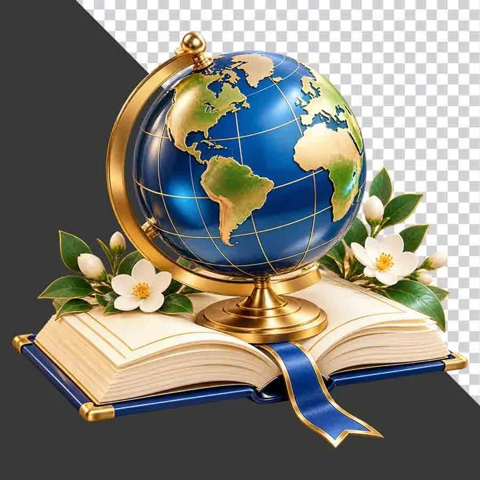 File PNG - Quả địa cầu đặt trên cuốn sách mở trang trí hoa trắng giáo dục khai giảng