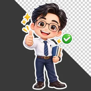 Thầy giáo hoạt hình đeo kính giơ tay like động viên và cầm sách 20 tháng 11 - PNG