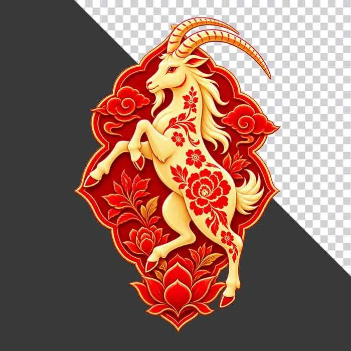 Hình ảnh chú dê vàng đứng trang trí Tết hoa văn truyền thống - File PNG