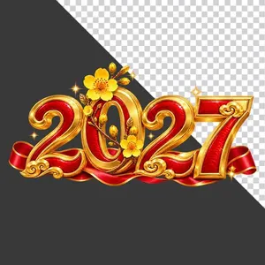 File PNG - Chữ số 2027 đỏ vàng trang trí hoa mai 