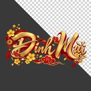 File PNG - Chữ Đinh Mùi 3D mây đỏ hoa mai vàng lụa đỏ ngày Tết   