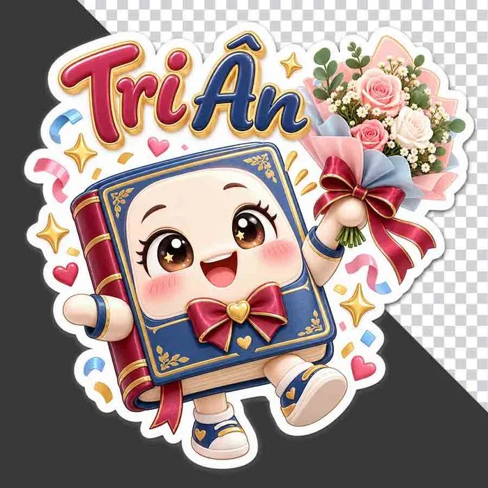 File PNG - Nhân vật cuốn sách hoạt hình giơ bó hoa hồng và chữ Tri Ân chào mừng 20/11