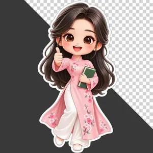 File PNG - Cô giáo hoạt hình mặc áo dài hồng giơ ngón tay cái like và cầm sách 20 tháng 11