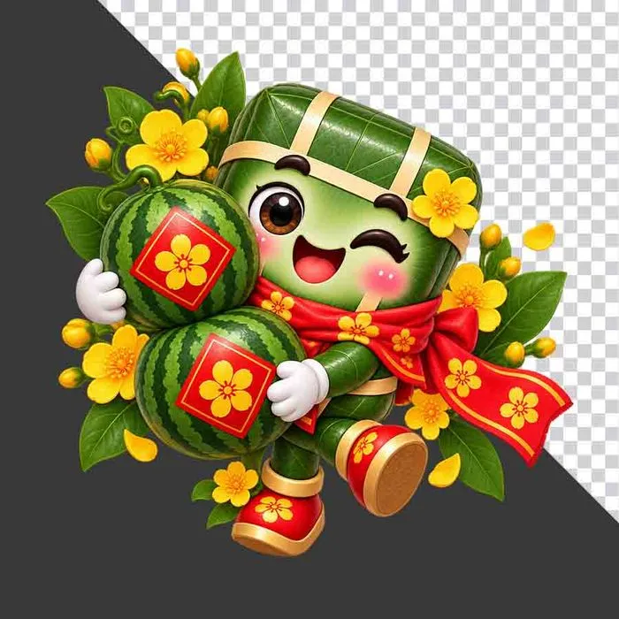 File PNG - Bánh chưng ôm hai quả dưa hấu đỏ thắt tem hoa mai ngày Tết