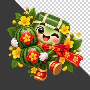 File PNG - Bánh chưng ôm hai quả dưa hấu đỏ thắt tem hoa mai ngày Tết