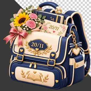 File PNG - Balo học sinh xanh đậm kem hoa hướng dương thẻ 20/11 tri ân thầy cô