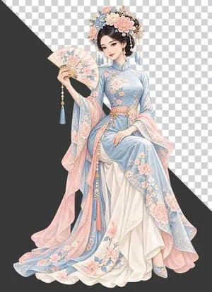 File PNG - Thiếu nữ mặc cổ phục xanh hồng cầm quạt xếp