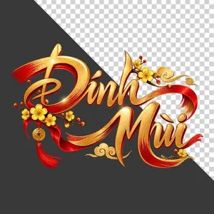 File PNG - Chữ Đinh Mùi 3D xếp tầng hoa mai vàng lụa đỏ đồng tiền ngày Tết