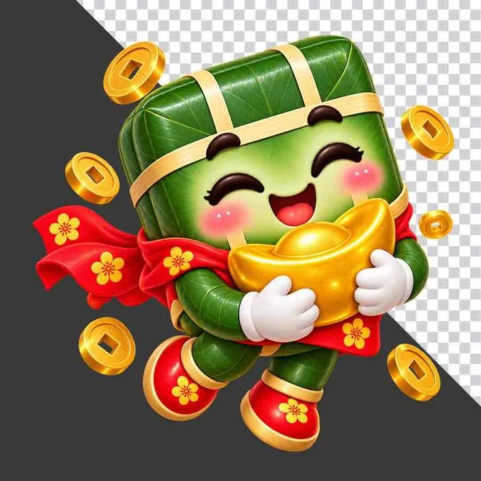 Bánh chưng bay ôm thỏi vàng nguyên bảo đồng tiền tài lộc - File PNG