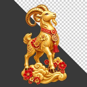 File PNG - Tượng dê vàng đứng bệ mây hoa đào