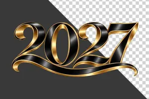 Số 2027 3D đen viền vàng kim uốn lượn nghệ thuật ngày Tết  - PNG