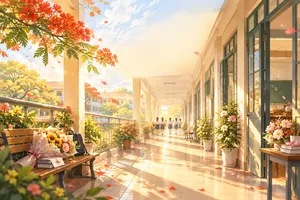 File JPG - Hành lang trường học nắng mai hoa phượng kỷ yếu