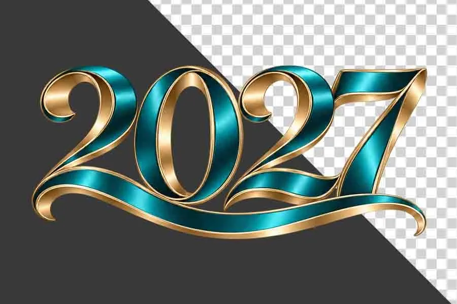 File PNG - Số 2027 3D xanh ngọc viền vàng kim uốn lượn nghệ thuật ngày Tết