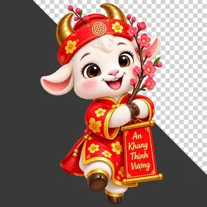 Tượng chú dê đỏ cầm cành hoa đào và cuốn thư An Khang Thịnh Vượng - File PNG