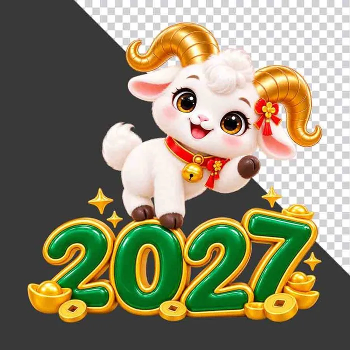 File PNG - Hình ảnh chú dê hoạt hình dễ thương bên chữ số 2027 xanh lá vàng