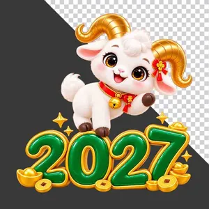 File PNG - Hình ảnh chú dê hoạt hình dễ thương bên chữ số 2027 xanh lá vàng