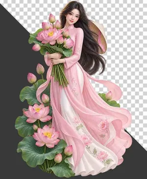 File PNG - Thiếu nữ mặc áo dài hồng ôm bó hoa sen đội nón lá bên đầm sen