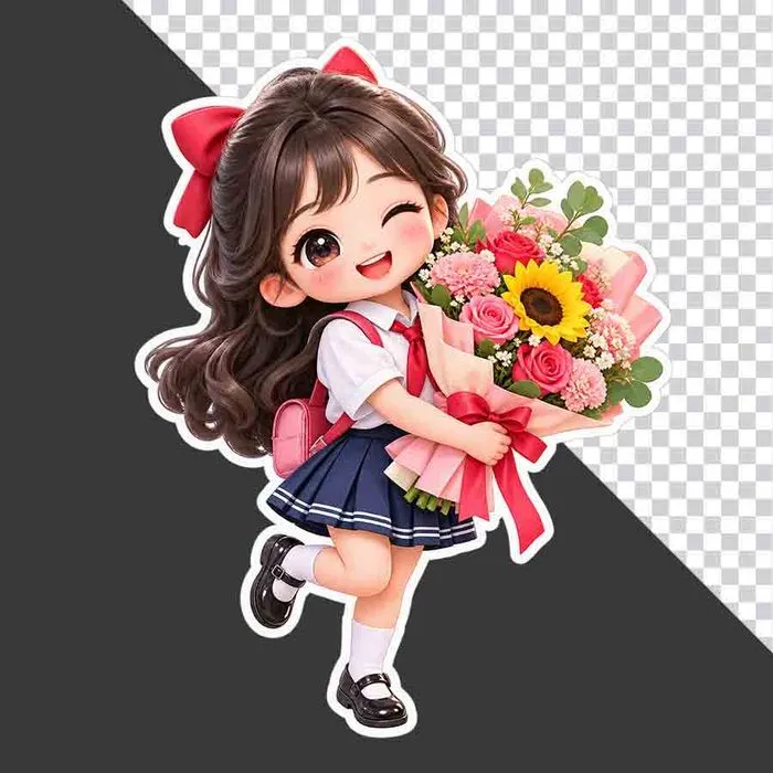 File PNG - Nữ sinh hoạt hình mặc đồng phục ôm bó hoa tươi thắm chào mừng 20/11