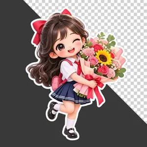 File PNG - Nữ sinh hoạt hình mặc đồng phục ôm bó hoa tươi thắm chào mừng 20/11   