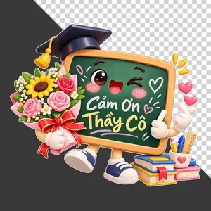 File PNG - Bảng đen đội mũ cử nhân chữ Cảm Ơn Thầy Cô kèm bó hoa 20/11