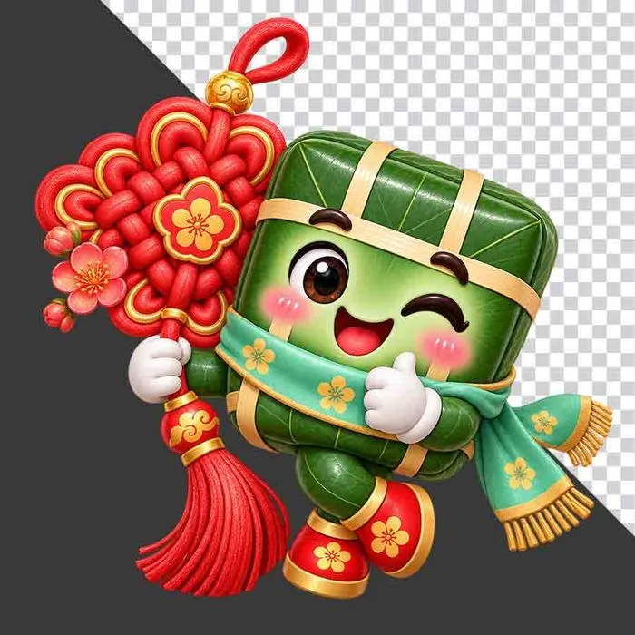 Bánh chưng cầm nút thắt vô cực đỏ may mắn khăn xanh hoa mai - File PNG