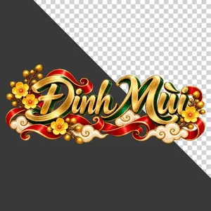 Chữ Đinh Mùi 3D ngang mây trắng hoa mai vàng lụa đỏ ngày Tết - File PNG