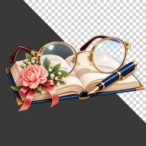 File PNG - Sách mở kính mắt bút máy hoa cẩm chướng nơ hồng tri ân thầy cô   