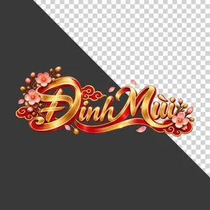 Chữ Đinh Mùi 3D phong cách thư pháp vàng kim lụa đỏ hoa đào ngày Tết - File PNG