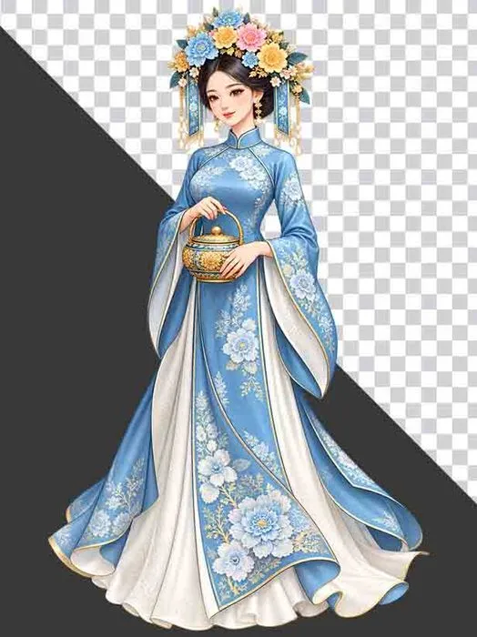 File PNG - Thiếu nữ mặc cổ phục xanh dương bưng ấm trà