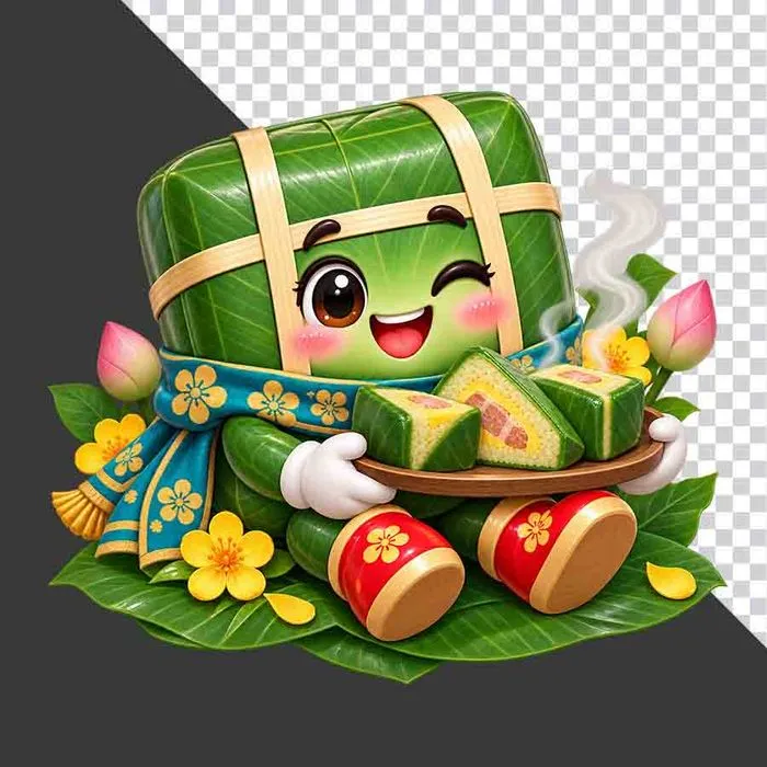 File PNG - Bánh chưng ngồi lá dong bưng mâm bánh chưng cắt lát hoa sen mai vàng ngày Tết