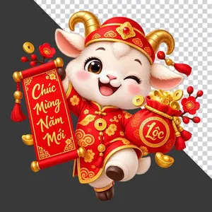 File PNG - Tượng chú dê đỏ nháy mắt cầm cuộn thư Chúc Mừng Năm Mới và túi tiền chữ Lộc chứa thỏi vàng
