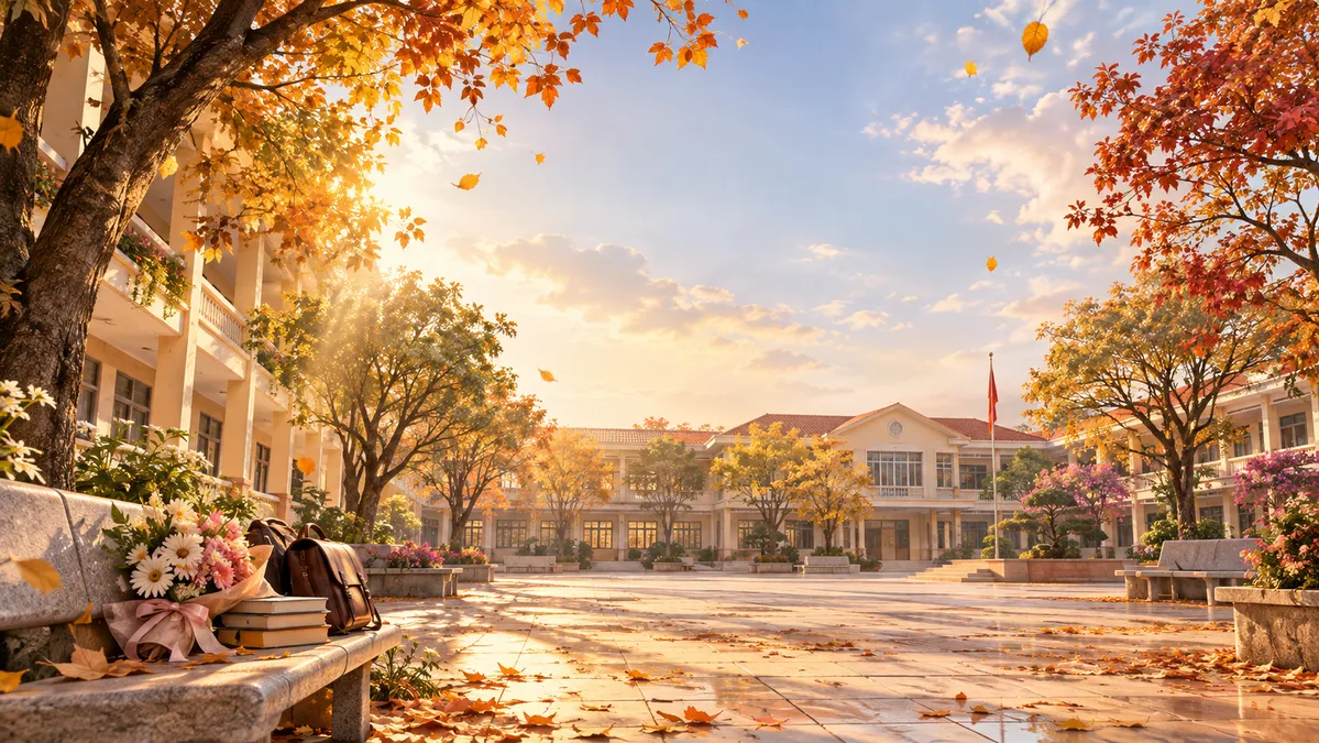 File JPG - Sân trường mùa thu lá vàng ghế đá balo