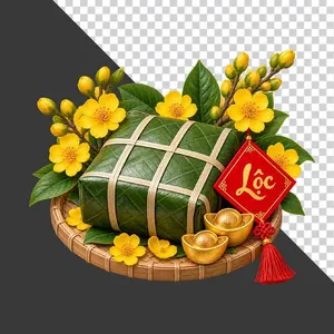 Mẹt bánh chưng chữ Lộc hoa mai và thỏi vàng tài lộc - File PNG