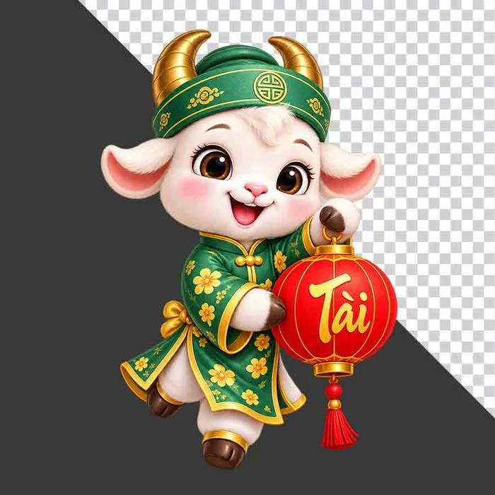 File PNG - Tượng chú dê xanh cầm lồng đèn đỏ chữ Tài