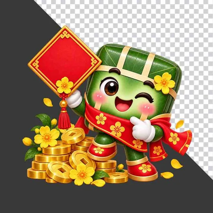 Bánh chưng cầm câu đối hình thoi bên chồng tiền vàng tài lộc - File PNG